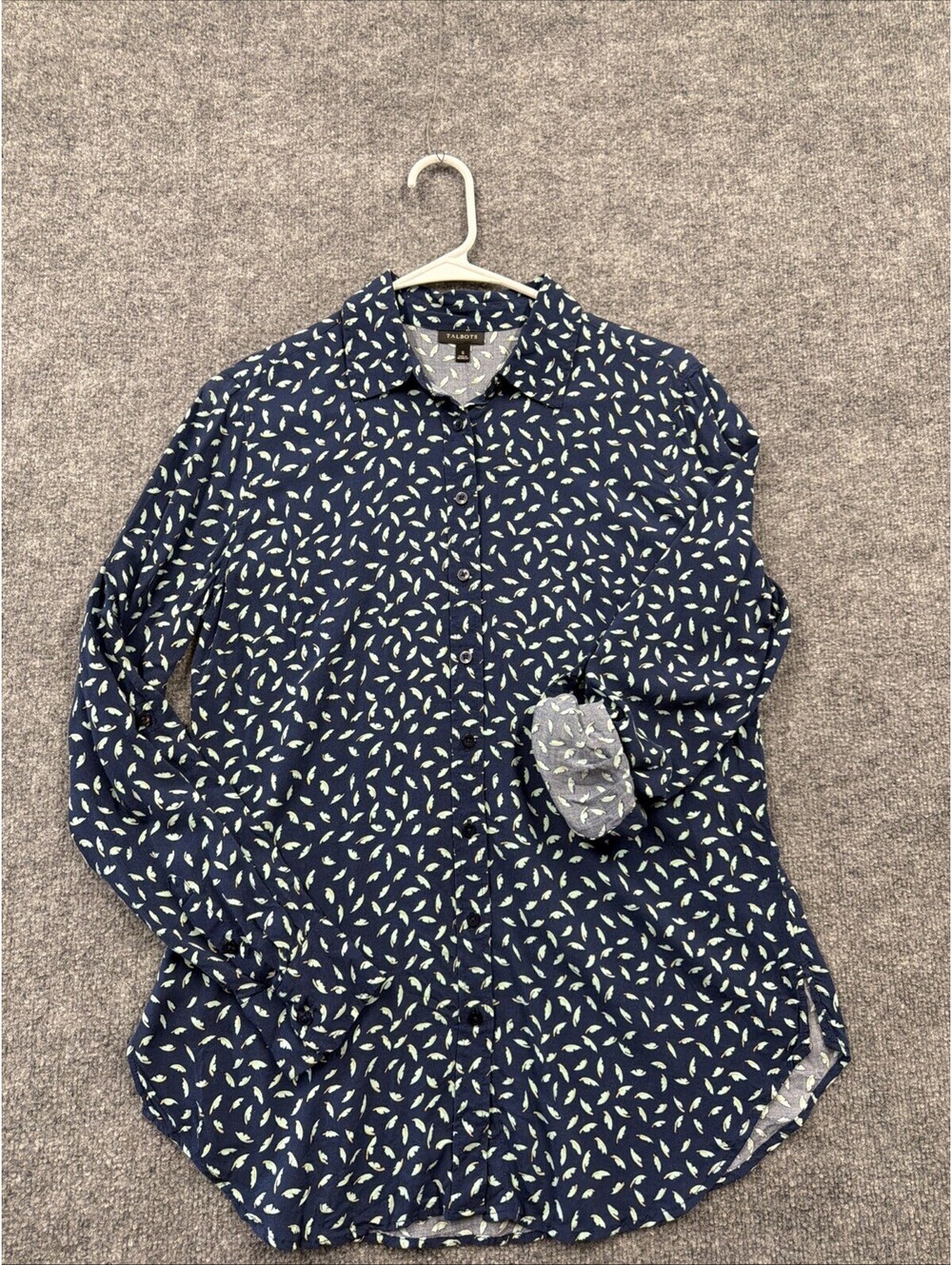 Women’s Talbots Small Navy Blue Green Feathers Button Up Blouse